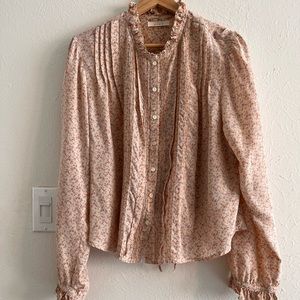 Silk light pink Doen floral long sleeve button up shirt  tie waist flawed